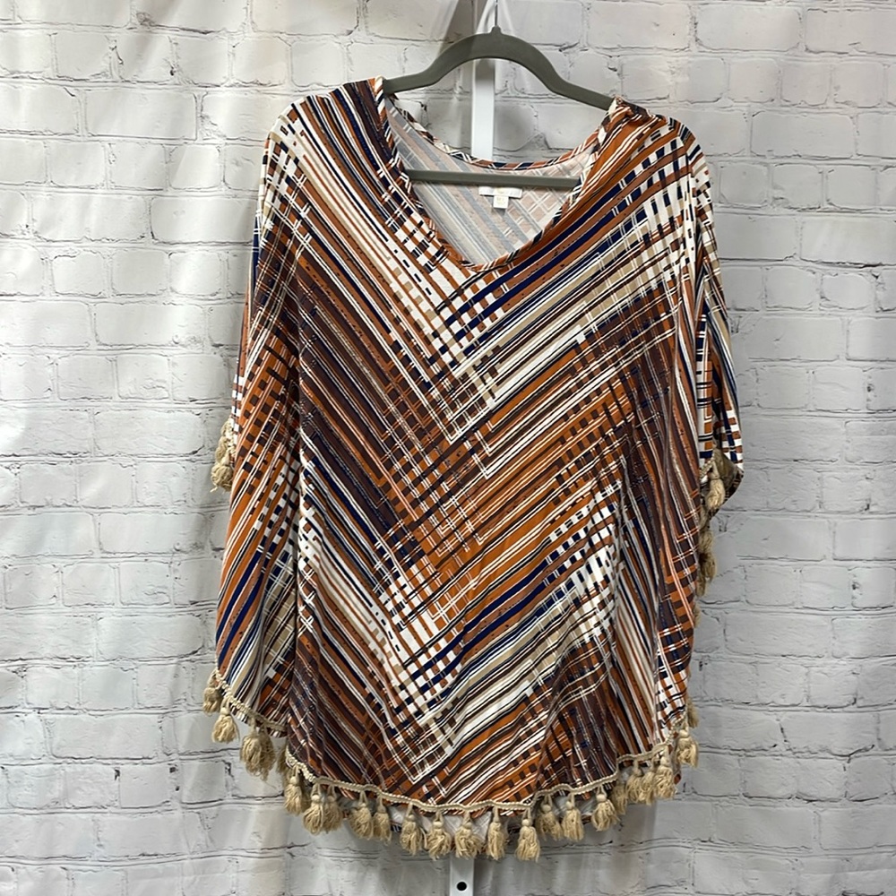 C Boutique multi pattern v neck poncho sleeves M-L top